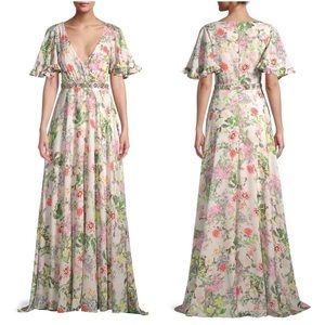 Mac Duggal Beaded-Waist Floral Print Ruffled Chiffon Flutter Sleeve Gown